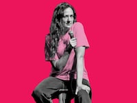 A photo illustration of Jacqueline Novak sitting on a stool with a microphone
