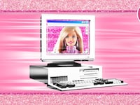 An illustration including photos of Barbie iconography, Glitter and Barbie Logo.