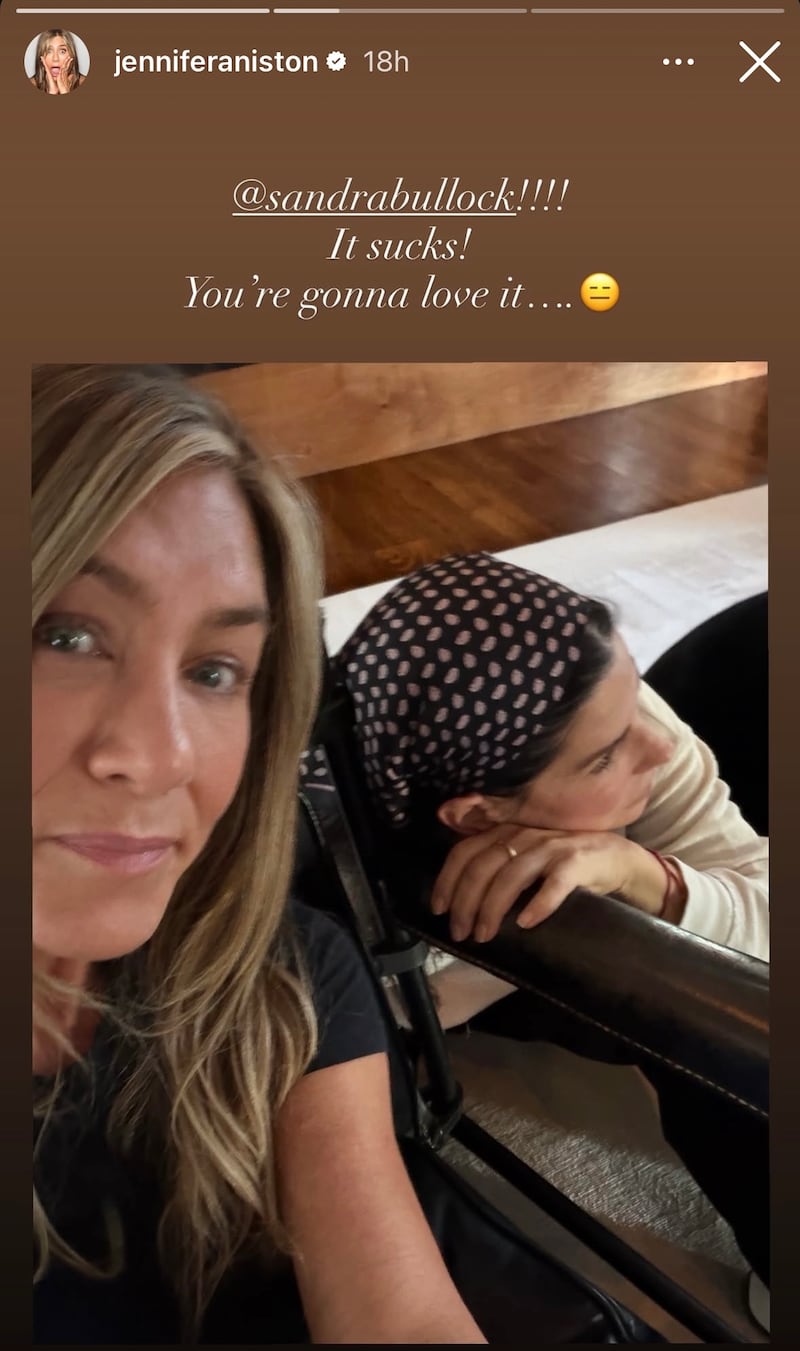 Jennifer Aniston posted multiple Instagram stories to celebrate Sandra Bullock joining the platform.