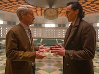 Owen Wilson as Mobius and Tom Hiddleston as Loki in Marvel Studios' Loki.