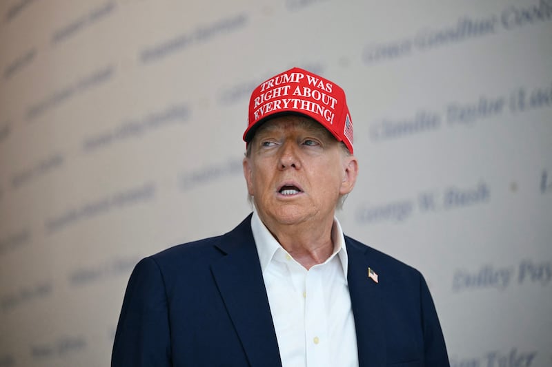 US President Donald Trump speaks at "The People's House," a White House immersive experience across the street from the Eisenhower Executive Office Building, during a tour on August 22, 2025, in Washington, DC.