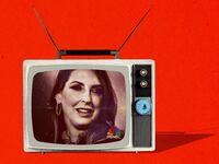 Photo illustration of Ronna McDaniel in an old tv on a red background.