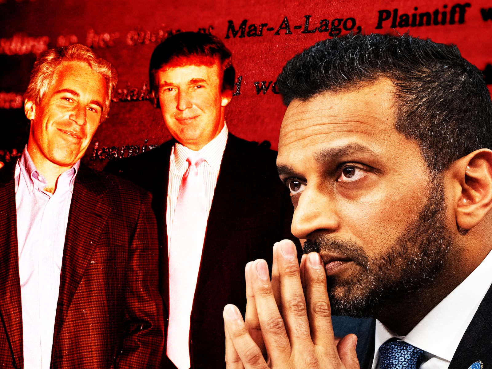 Kash Patel, Donald Trump, Jeffrey Epstein photo illustration