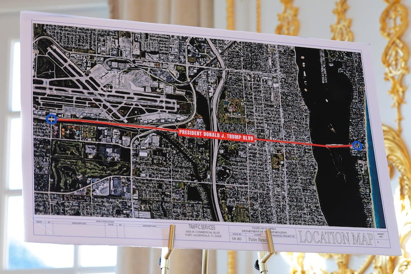 A map displaying the location of "President Donald J. Trump Boulevard" is seen during a Road Dedication Ceremony at Mar-a-Lago on January 16, 2026 in Palm Beach, Florida. Florida State lawmakers approved the name change of a portion of Southern Boulevard to “President Donald J. Trump Boulevard.”