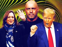 A photo illustration of Kamala Harris, Joe Rogan, and Donald Trump