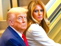 Melania Trump looks back at U.S. Donald Trump before walking up the escalator after arriving for the 80th session of the UN’s General Assembly (UNGA) on September 23, 2025 in New York City.