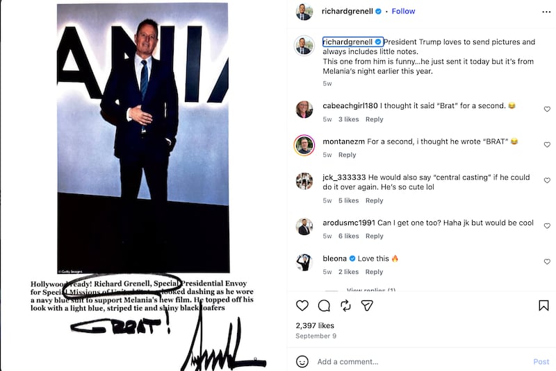 In September, Grenell posted this endorsement of his title from Trump, saying it showed a picture from the premier of the Melania Trump documentary, an event in March. But Grenell said on Oct. 19 that his role had ended in February.