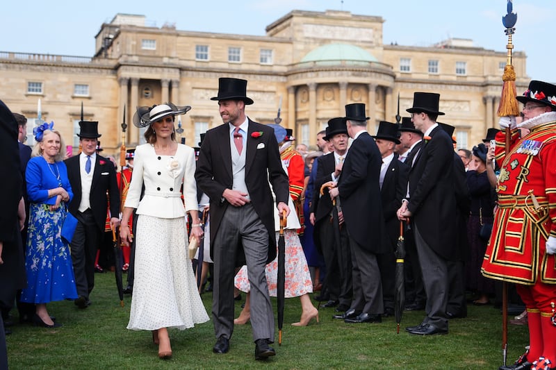 Catherine, Princess of Wales, and Prince William, Prince of Wales, during a Royal Garden Party at Buckingham Palace on May 8, 2026, in London, England.