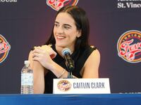 Caitlin Clark of the Indiana Fever talks to the media during an introductory press conference on April 17, 2024 at Gainbridge Fieldhouse in Indianapolis, Indiana.