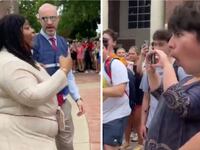 Side-by-side photos of a Black woman and white man clashing at a pro-Palestine protest.