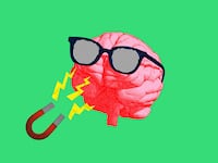 Photo illustration of a brain wearing hypnotizing glasses with a magnet.
