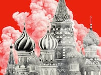 Photo illustration of St Basil’s Cathedral in Moscow with smoke layered in front and behind.