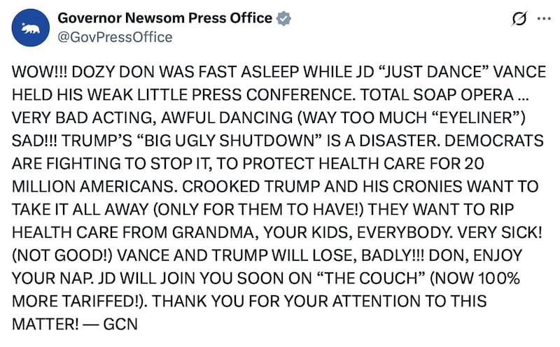 Governor Gavin Newsom's Press Office X Account troll Trump and JD Vance.