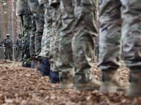 Dozens of soldiers stand at attention during a training exercise.