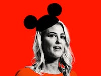 Photo illustration of Bridget Ziegler wearing a Mickey Mouse hat on a red background.