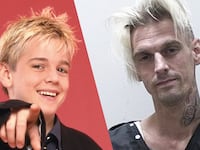 Side-by-side image of Aaron Carter young/and current photo.