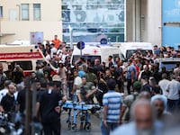 Ambulances arrive to American University of Beirut Medical Center (AUBMC) as thousands of people, including Hezbollah fighters and medics, were wounded when the pagers exploded across Lebanon