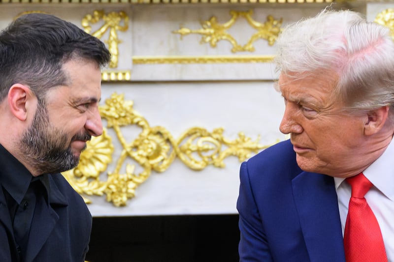 President Donald Trump and Ukraine President Volodymyr Zelensky take part in a bilateral meeting in the Oval office of the White House in Washington, DC on August 18, 2025.