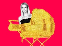 Photo illustration of a gilded and sparkly baby pram with Emma Roberts popping out.