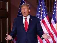 Former U.S. President Donald Trump reacts during an event following his arraignment on classified document charges, at Trump National Golf Club, in Bedminster, New Jersey, U.S., June 13, 2023.