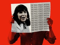 Photo illustration of someone holding a newspaper with Emma Tucker and the Wall Street Journal logo on it.