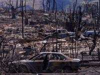Fire damage is shown in the Wahikuli Terrace neighborhood in the fire ravaged town of Lahaina on the island of Maui in Hawaii, Aug. 15, 2023.