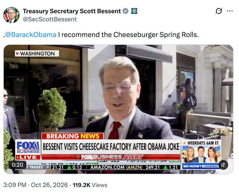 Scott Bessent writes on X, "@BarackObama I reccomend the Cheeseburger Spring Rolls."