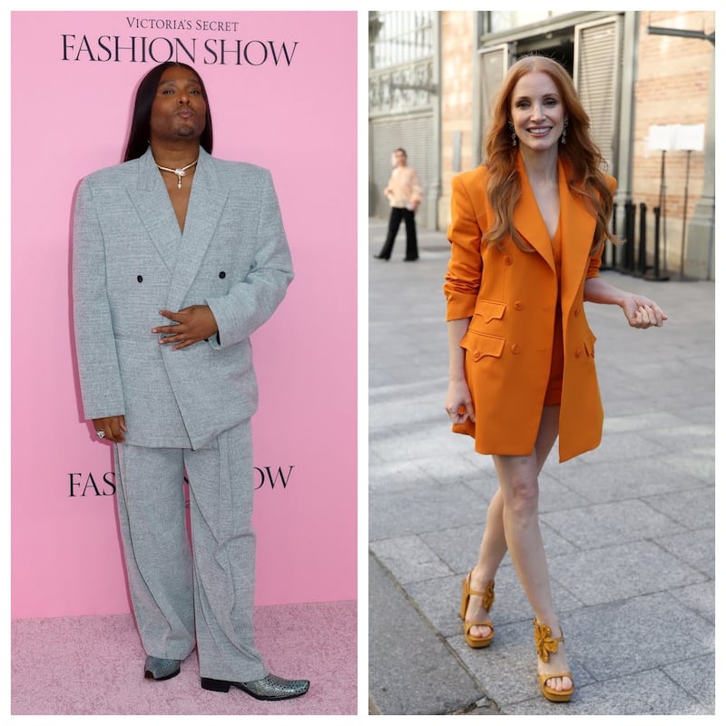 Law Roach attends the pink carpet wearing a monochrome gray suit for the 2025 Victoria’s Secret Fashion Show, and Jessica Chastain attends the Zimmermann Womenswear Fall/Winter 2026-2027 show wearing a monochrome orange blazer and outfit in 2026.