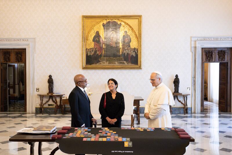 Pope Leo with his family tree at the Vatican.