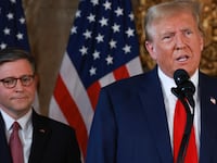 Republican presidential candidate former President Donald Trump and Speaker of the House Mike Johnson (R-LA) hold a press conference at Mr. Trump's Mar-a-Lago estate on April 12, 2024, in Palm Beach, Florida.