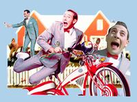 A photo composite of Paul Reubens in Pee-wee Big Adventure.