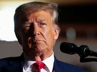 Donald Trump reacts as he holds a campaign rally in Erie, Pennsylvania, July 29, 2023.