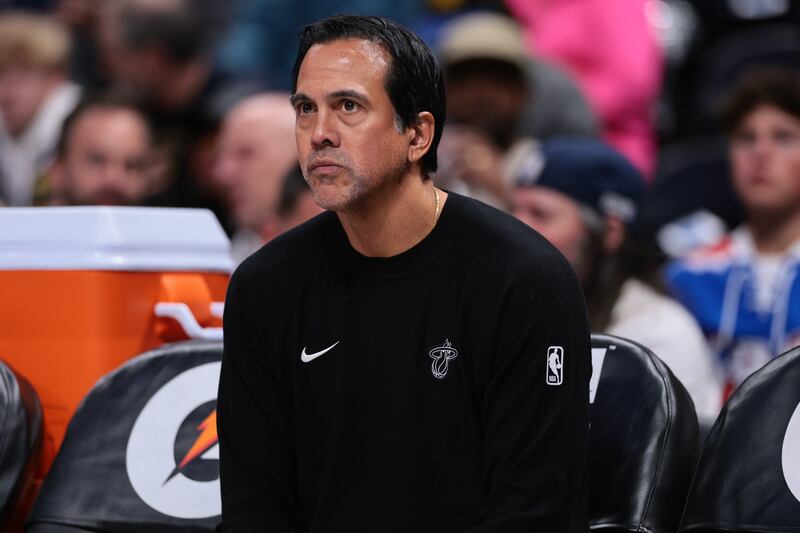 DENVER, COLORADO - NOVEMBER 05: Head coach Erik Spoelstra of the Miami Heat looks on before the game against the Denver Nuggets at Ball Arena on November 5, 2025 in Denver, Colorado. NOTE TO USER: User expressly acknowledges and agrees that, by downloading and or using this photograph, User is consenting to the terms and conditions of the Getty Images License Agreement. (Photo by C. Morgan Engel/Getty Images)