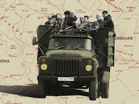 Photo illustration of a truck carrying refugees from Azerbaijan toward Armenia on top of a map of the two countries