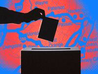 A photo illustration of a ballot box and a map of New Jersey.