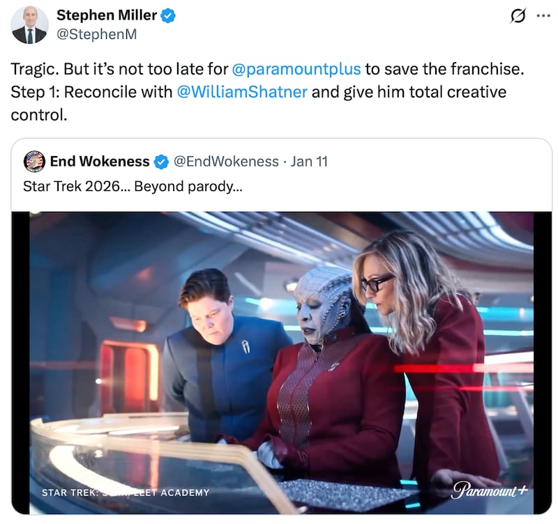 Stephen Miller posts about Star Trek on X.