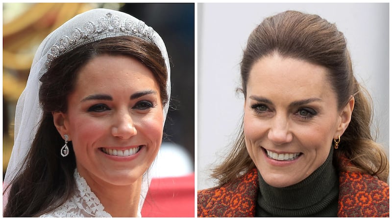 Kate Middleton's half-up, half-down wedding day hair in 2011 and her half-up, half-down hairstyle in 2026.
