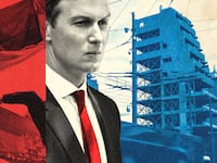 A photo illustration of Jared Kushner in front of a picture of a bombed out building in Bosnia