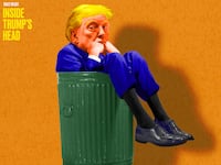 A photo illustration of Donald Trump stuffed in a trash can for Inside Trump's Head podcast.