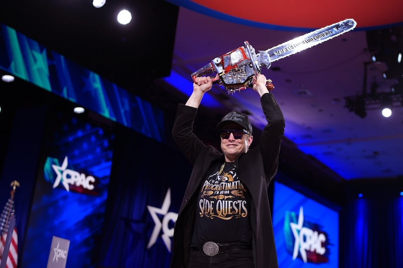 Elon Musk literally wielded a chainsaw after speaking at the Conservative Political Action Conference in February 2025.
