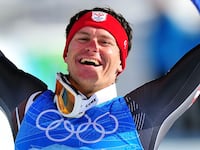 Silver medalist Ivica Kostelic of Croatia celebrates after the Alpine Skiing Men's Super Combined Slalom on day 10 of the Vancouver 2010 Winter Olympics.
