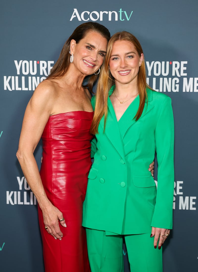 Brooke Shields wore a red leather dress as she was photographed with her daughter, Rowan Henchy, in a turquoise pantsuit at the 2026 premiere for the film, You’re Killing Me.