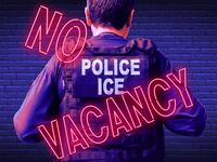 A photo illustration of a DHS ICE agent and a hotel No Vacancy neon sign.