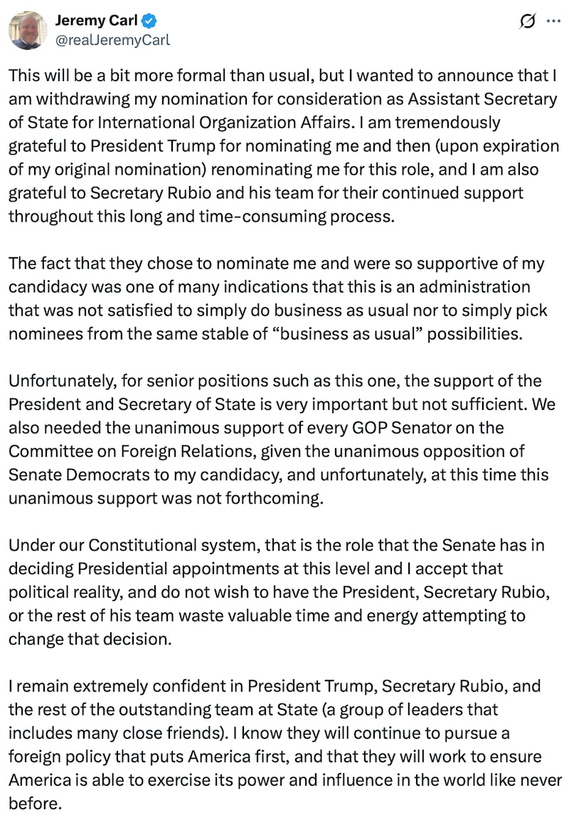 Jeremy Carl posts his withdrawal from a Trump role on X.
