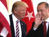 U.S. President Donald Trump (L) welcomes President Recep Tayyip Erdogan (R) of Turkey outside the West Wing of the White House May 16, 2017 in Washington, DC.