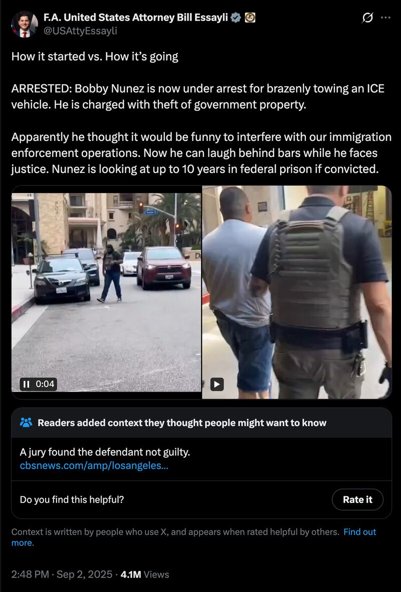 U.S. Attorney Bill Essayli's post about the case, which is now subject to an embarrassing Community Note.