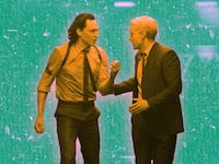 A photo illustration of Owen Wilson and Tom Hiddleston in Loki.