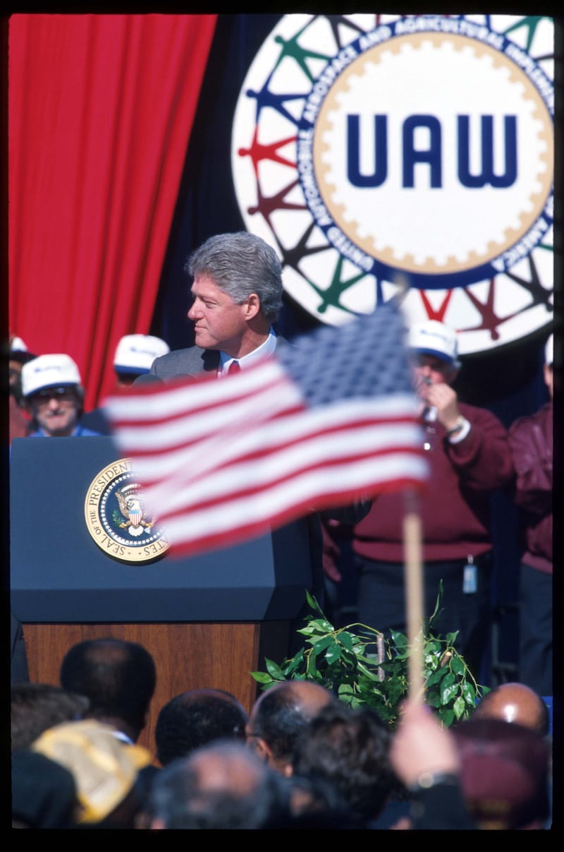 204076 01: (NO NEWSWEEK - NO USNEWS) President Clinton speaks to United Auto Workers during a blitz of last minute campaigning for the congressional races October 10, 1994 in Dearborn, MI. The swing voters of the industrial Midwest represent a crucial demographic to the Democratic party, as many congressional races in the region are quite close. (Photo by Cynthia Johnson/Liaison)