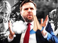 JD Vance in front of images from the Minneapolis shooting with a speech bubble and prayer hands emoji