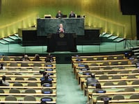 NEW YORK, NEW YORK - SEPTEMBER 26: Israeli Prime Minister Benjamin Netanyahu addresses world leaders during the United Nations General Assembly (UNGA) at the United Nations headquarters on September 26, 2025 in New York City. World leaders convened for the 80th Session of UNGA, with this year’s theme for the annual global meeting being “Better together: 80 years and more for peace, development and human rights.” (Photo by Michael M. Santiago/Getty Images)